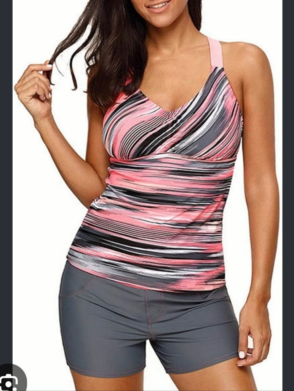 Women’s Pink Striped Tankini Racerback  Top - Performance Swim Top Size Large